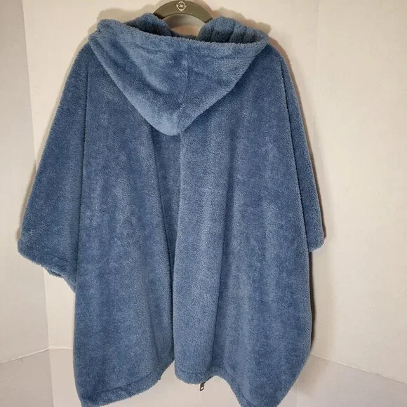 AnyBody Women's Hooded Plush Zipper Front Poncho Size XL/1X Blue - Picture 8 of 10